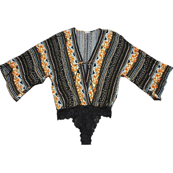 Free People Intimately For You Black Multicolor Boho Lace Bodysuit - Picture 4 of 7